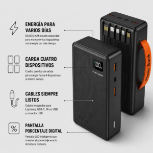 Power bank negro texturizado de 50000 mAh con pantalla LED, correa naranja, cuatro puertos USB y cables integrados.
